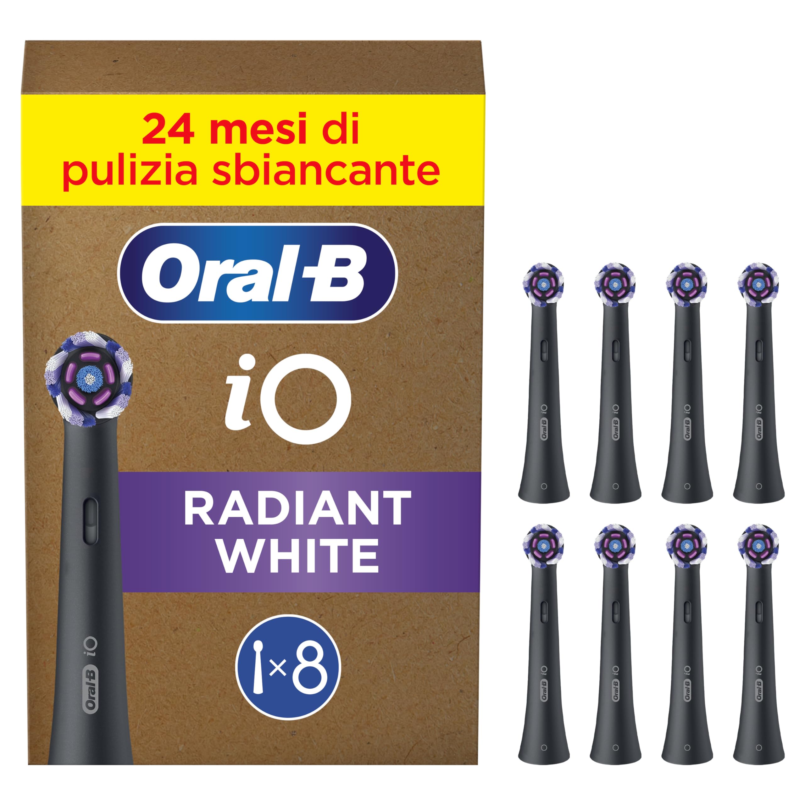 Oral-B Testine di Ricambio iO Radiant White Nere, 8 Testine Rotonde Originali per Spazzolino Elettrico Donna, Setole Angolate e Setole Lucidanti,