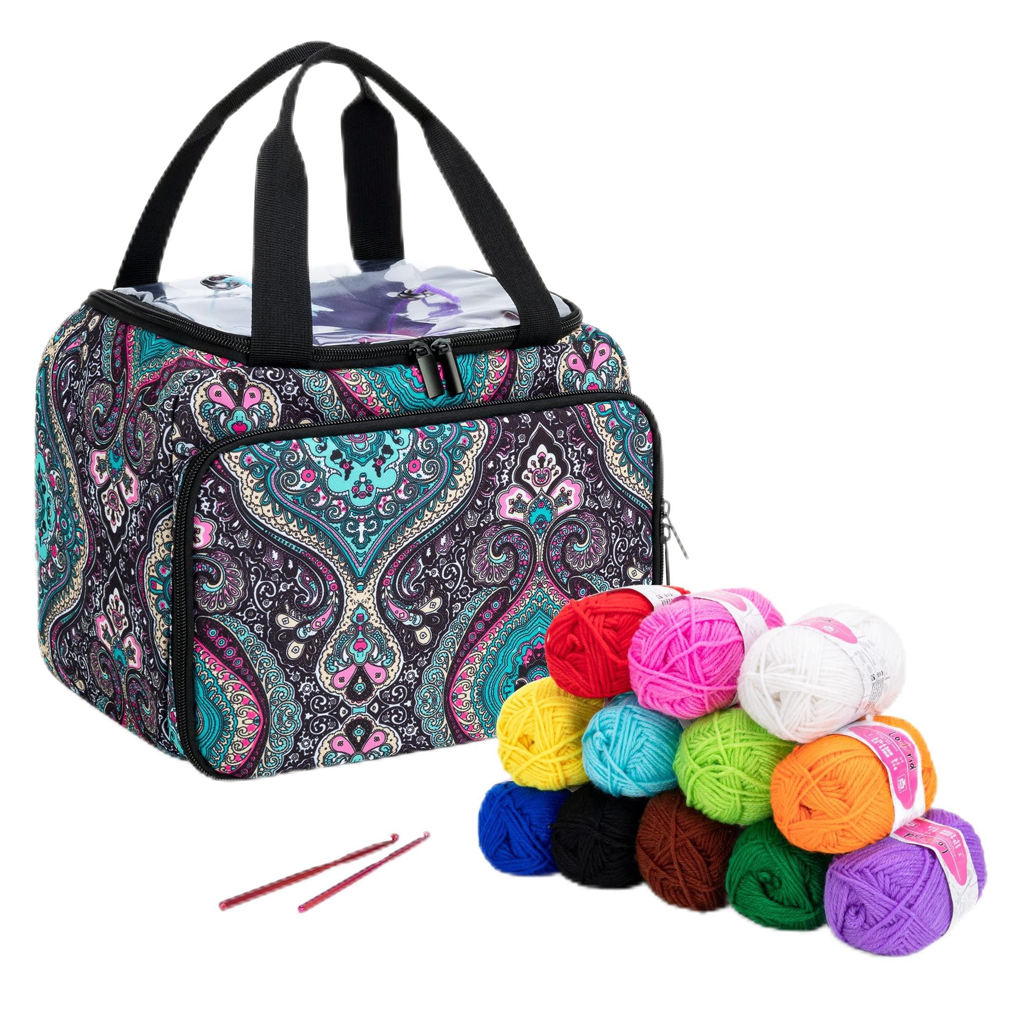 LoDrid Small Yarn Storage Bag for Knitting Kit & Crochet Accessories, Portable Knitting Tote with 2 Grommets, Yarn Project Organizer for Knitting Supplies Set for Adults, Totem (Bag Only)