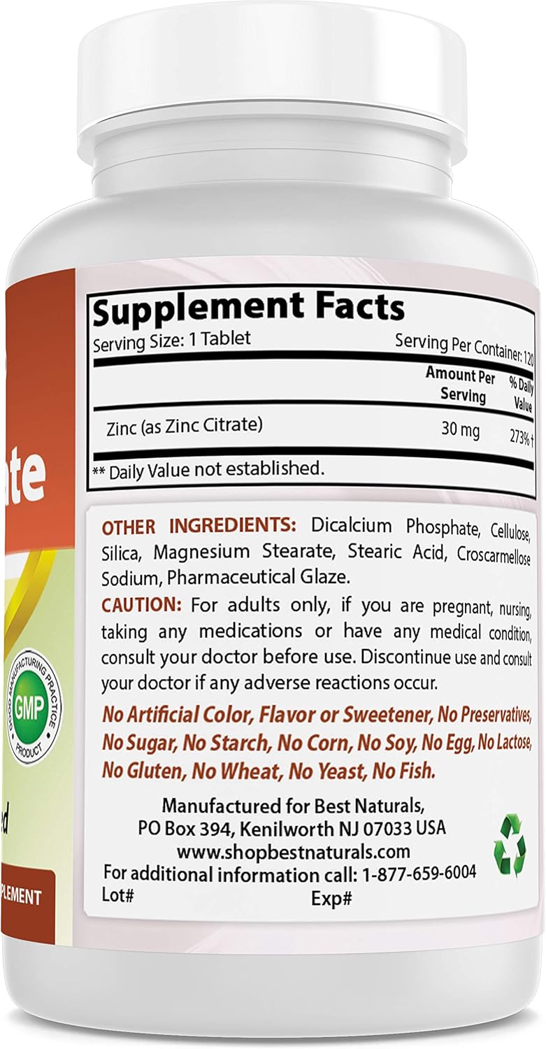 Best Naturals Elemental Zinc 30 mg (as Zinc Citrate) - Immune Support - 120 Tablets: Health & Personal Care