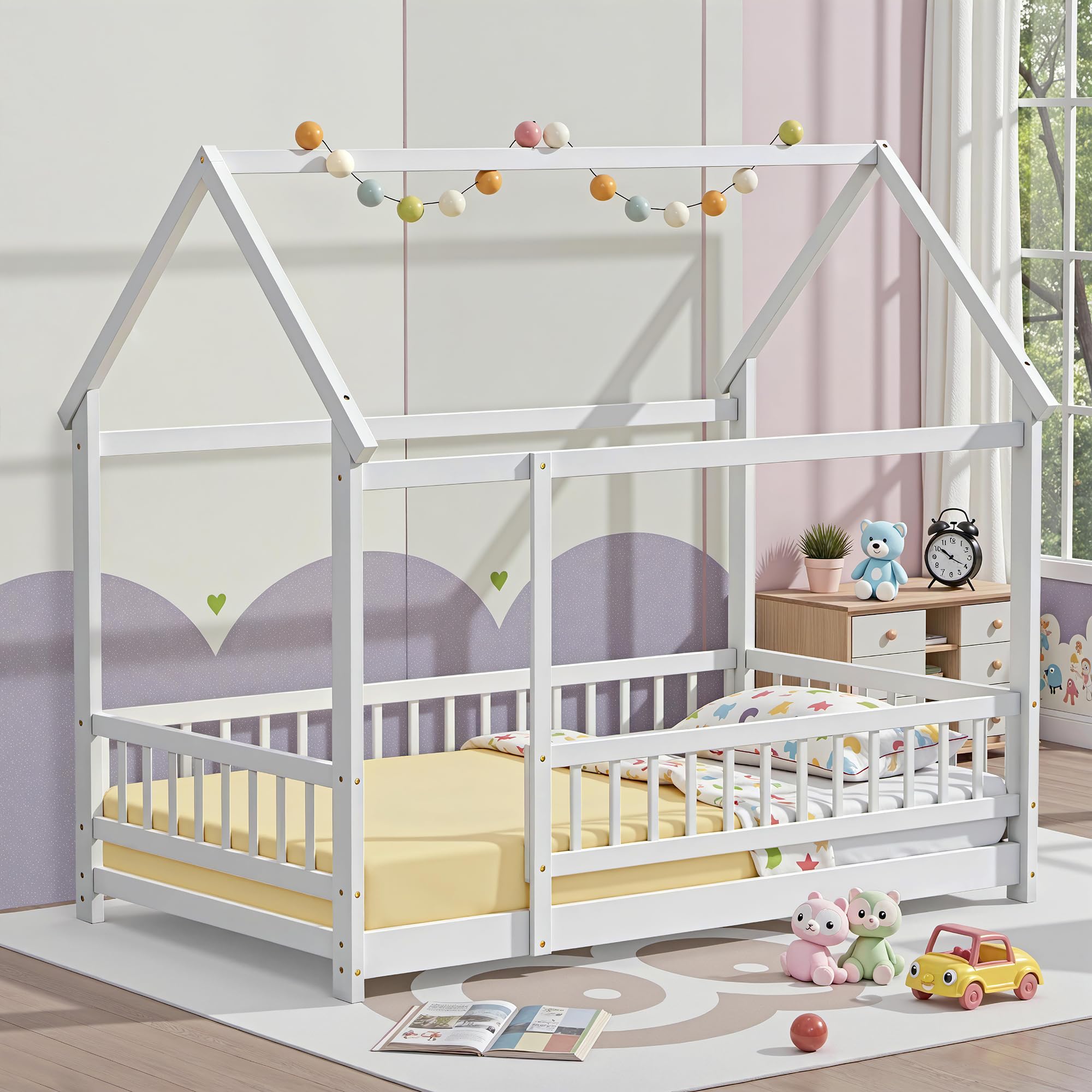 Photo 1 of LLS Twin Montessori Floor Bed, Wooden Floor Bed Frame with Slats and Fence, House Bed for Boys Girls Bedroom, White