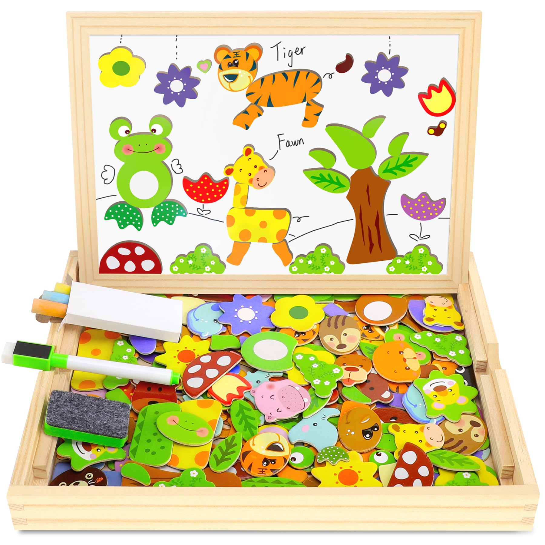COOLJOY Wooden Magnetic Board Puzzle Games, Double Sided Blackboard Wooden Jigsaw Puzzles Wooden Toys Educational Learning Toys for 3 4 5 Year Olds (Animal Pattern)