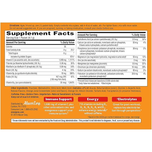 EMERGEN-C 1000MG VITAMIN C POWDER FOR DAILY IMMUNE SUPPORT CAFFEINE FREE VITAMIN C SUPPLEMENTS WITH ZINC AND MANGANESE, B VITAMINS AND ELECTROLYTES, SUPER ORANGE FLAVOR – 60 COUNT/2 MONTH SUPPLY