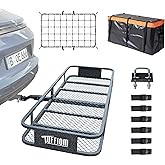 TUFFIOM 60"x20"x6" Folding Hitch Mount Cargo Carrier Basket, 500lbs Steel Car Cargo Trailer Hitch Luggage Rack with Net, Wate