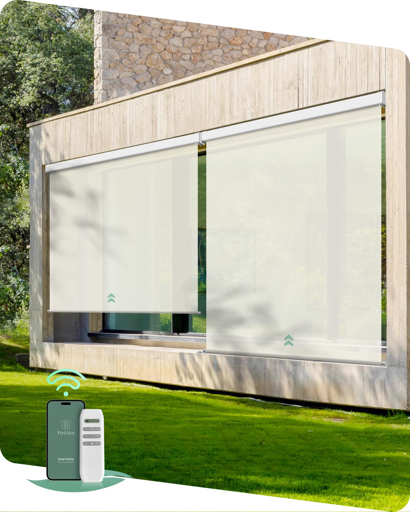 Photo 1 of Yoolax Motorized Outdoor Shades Smart Retractable Patio Screens Compatible with Alexa Google, Remote Control Blinds for Porch Patio Waterproof Roller Shades 5X8ft (3% Openness Beige)