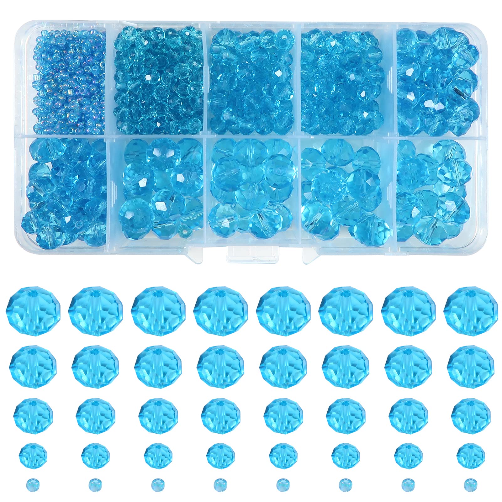 TOAOB 1000pcs Blue Crystal Glass Beads 2mm 4mm 6mm 8mm10mm Faceted Spacer Beads for Jewelry Making DIY Craft Project Decorations Bracelet Making Kit