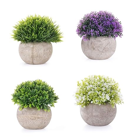 EKKONG Künstliche Blumen Bonsai Kunstpflanze mit grauen Topf Mini Kunststoff Fälschung Grünes Gras, für Hochzeit/Büro/Zuhause