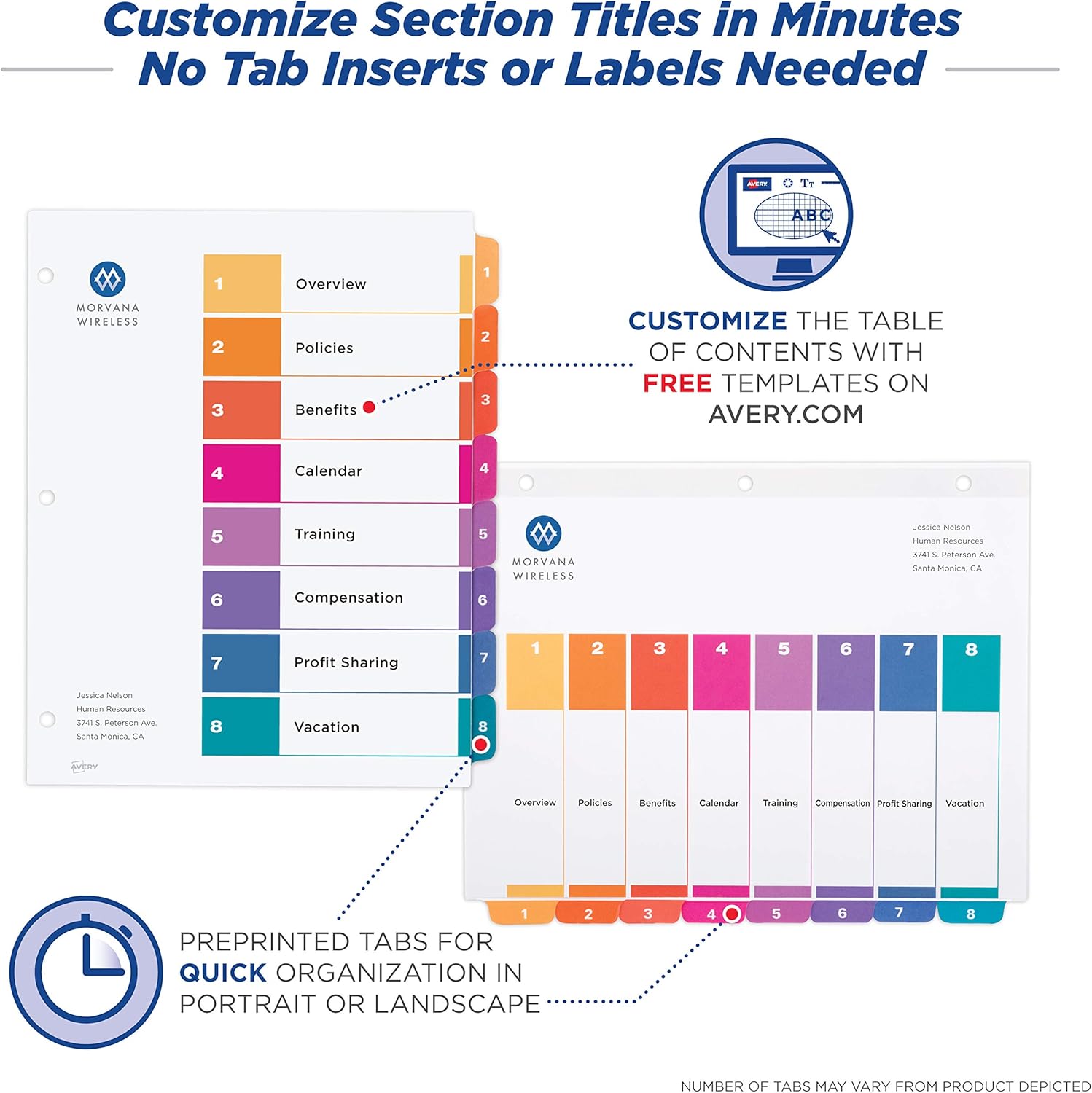 Avery 8-Tab Dividers for 3 Ring Binders, Customizable Table of Contents, Multicolor Tabs, 24 Sets (11168) : Binder Index Dividers : Office Products