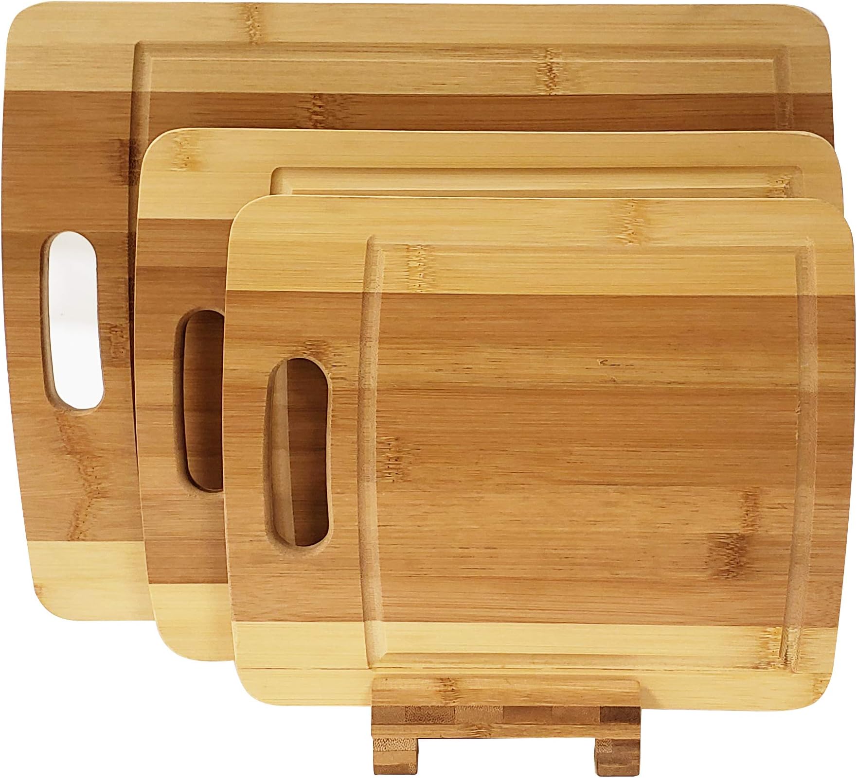 Adorn Home Essentials 4 pc. Bamboo kitchen cutting board set with 3 (small, medium & larger) chopping blocks with a holder | Carving, butcher, food prep, chopping |All-natural Bamboo, Eco-friendly