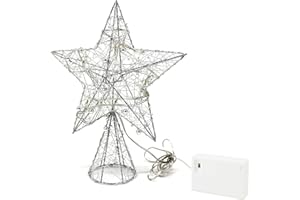 CVHOMEDECO. Silver Wire Woven Tree Top Star with Bright White LED Lights and Timer for Christmas Ornaments and Holiday Seasonal Décor, 8 x 10 Inch