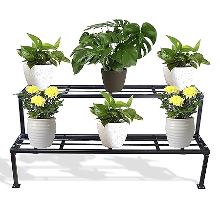 TrustBasket 2 Step Stand for Multiple Plants and Pots Stand, Indoor Shelf Holder Rack, Gardening Stand,Indoor Outdoor (Black)