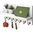 Rebee Vision Decorative Key and Mail Holder for Wall - Farmhouse 15 Inches Floating Shelf with 7 Sturdy Key Hooks for Home Entryway Wall Decor - Rustic Key Racks (White)