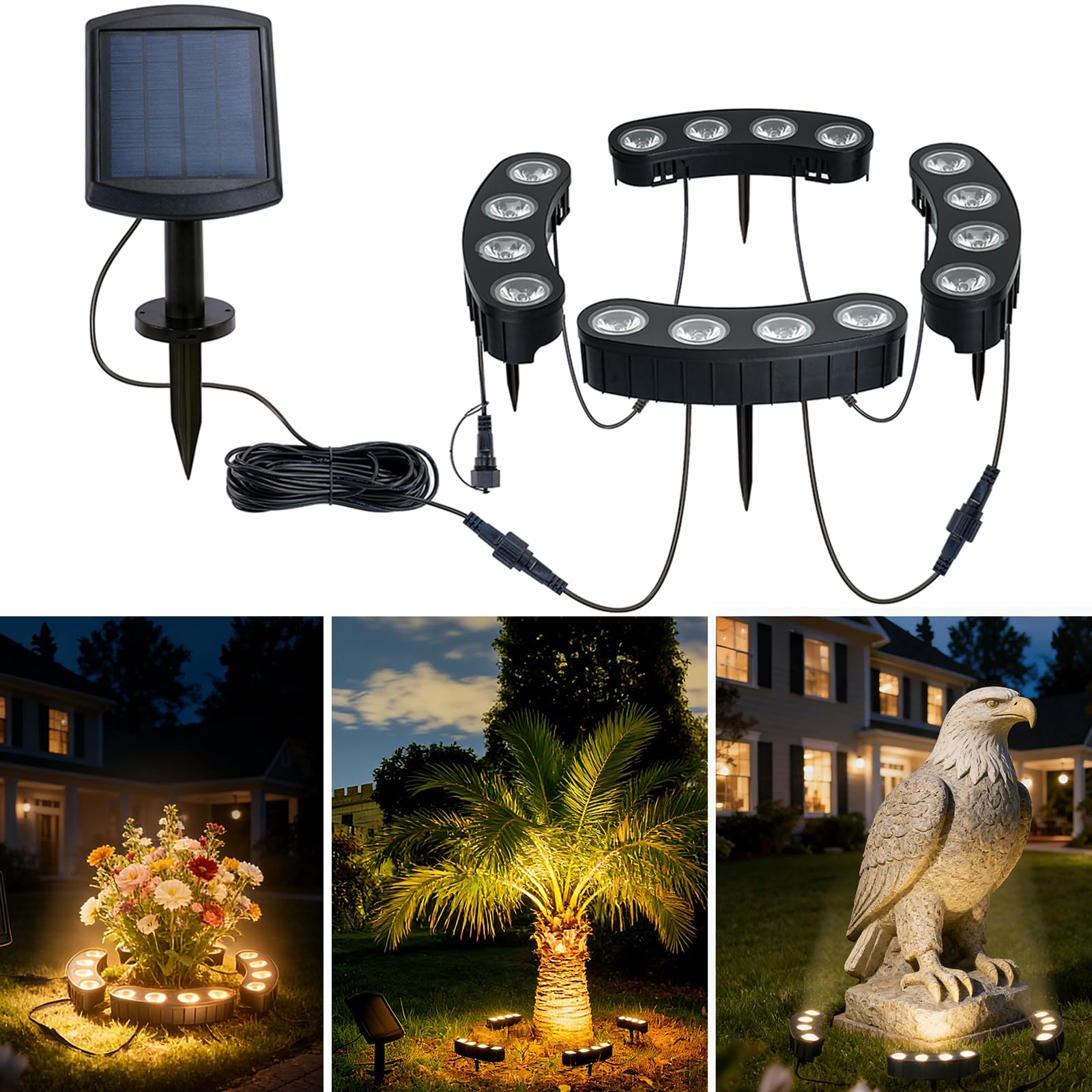 Photo 1 of Solar Palm Tree Ring Lights Outdoor, 3-in-1 Tie/Stake/Hang Installation, Warm White 50Lumen LED Tree Uplighting with 2000mAh Battery, IP65 Waterproof Landscape Spotlights for Yard, Patio, Garden Decor