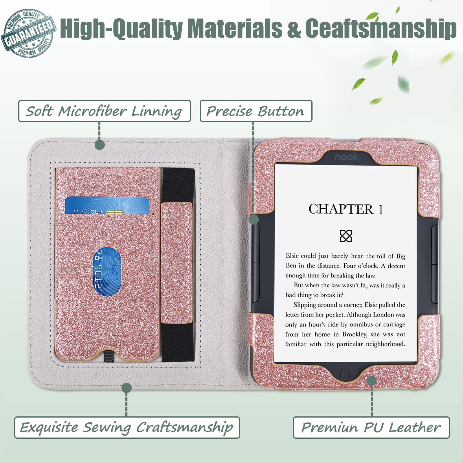 ACdream Case for Nook Glowlight 4 2021 / Nook GlowLight 4e 2022, Hands Free Stand Protective Durable Premium PU Leather Cover with Magnet Closure, Hand Strap, Card Slot,Glitter Rose