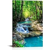 iKNOW FOTO 16x24 Single Piece Canvas Wall Art Nature Landscape Pictures Green Forest Waterfall Poster Canvas Prints Framed Artwork Spa Bathroom Bathroom Room Decor