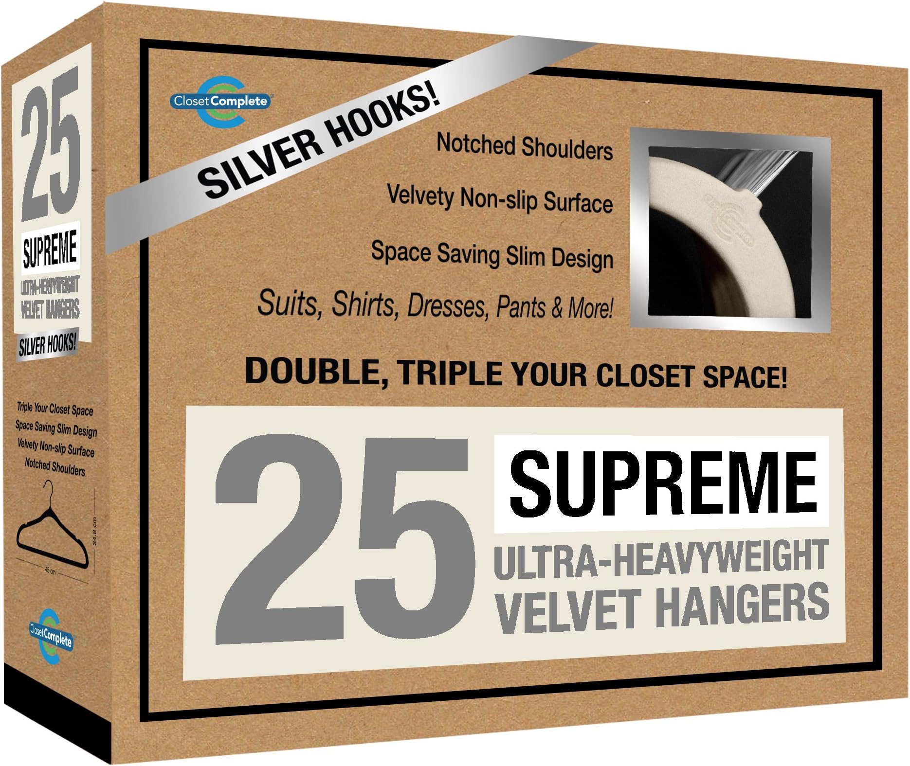 Closet Complete 71622 Supreme Quality, Heavyweight, 85-Gram, Virtually-Unbreakable Velvet, Ultra-Thin, Space Saving, No-Slip Suit Hangers, 360° Spinning Chrome, 25, Ivory, 25 Count