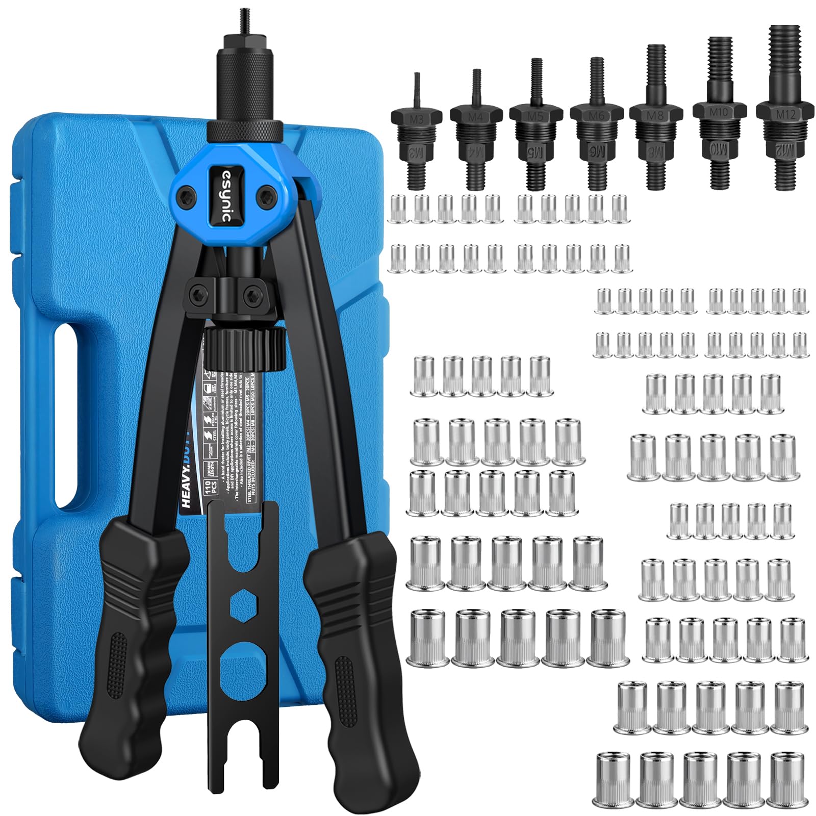 eSynic 13 Inch Rivnut Tool Kit Heavy-Duty Rivet Nut Gun Set Alloy Steel Hand Nut Riveter with 7 Mandrels & 110Pcs Threaded RIV Nuts-M3 M4 M5 M6 M8 M10 M12 and Carrying Case for Metalwork Auto Repair