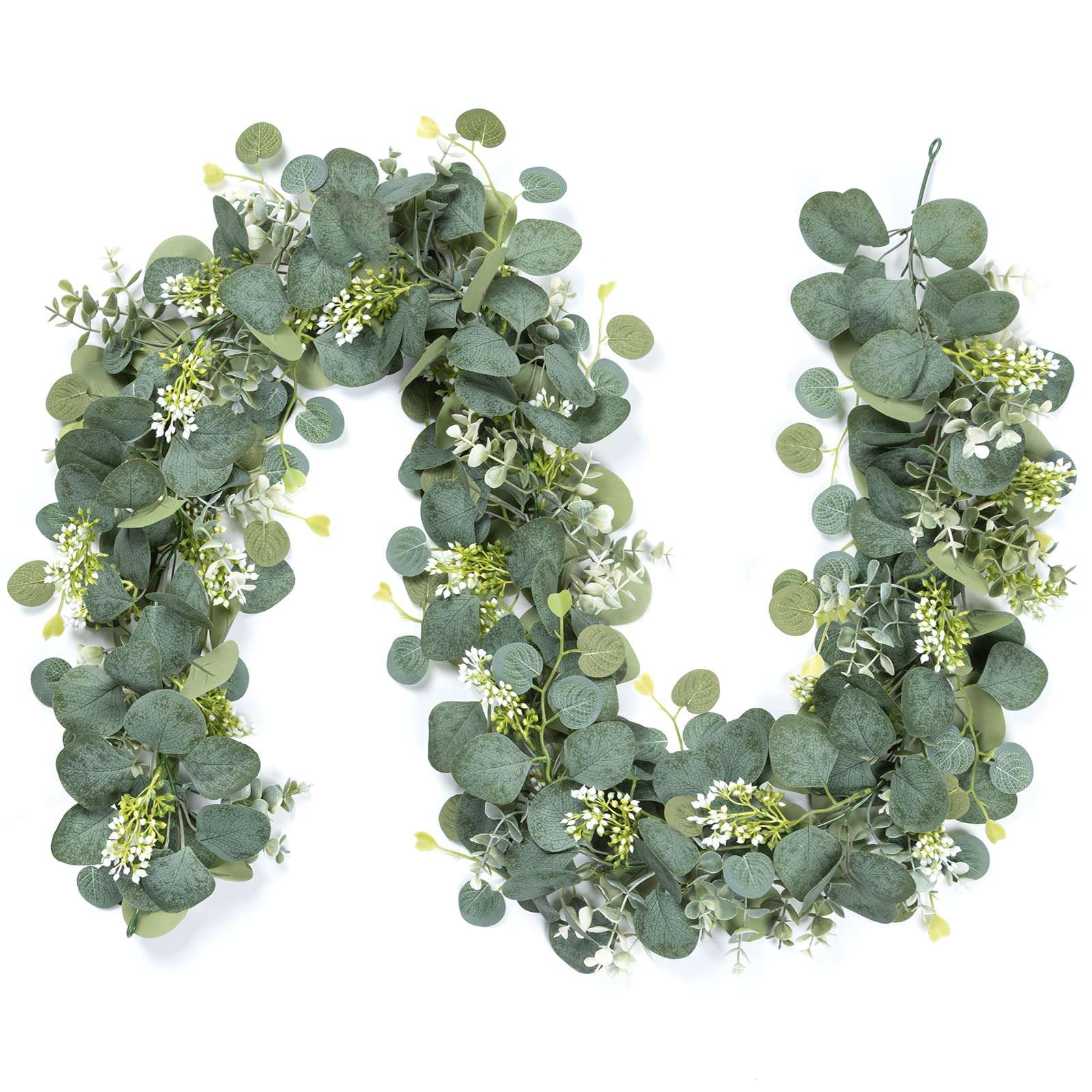 UXORSN 2PCS Artificial Eucalyptus Garland 6FT Faux Silver Dollar Foliage Greenery Vines Fake Leaves White Seeds Hanging Ivy Artificial Foliage Garlands for Wedding Party Mantle Table Home Decoration