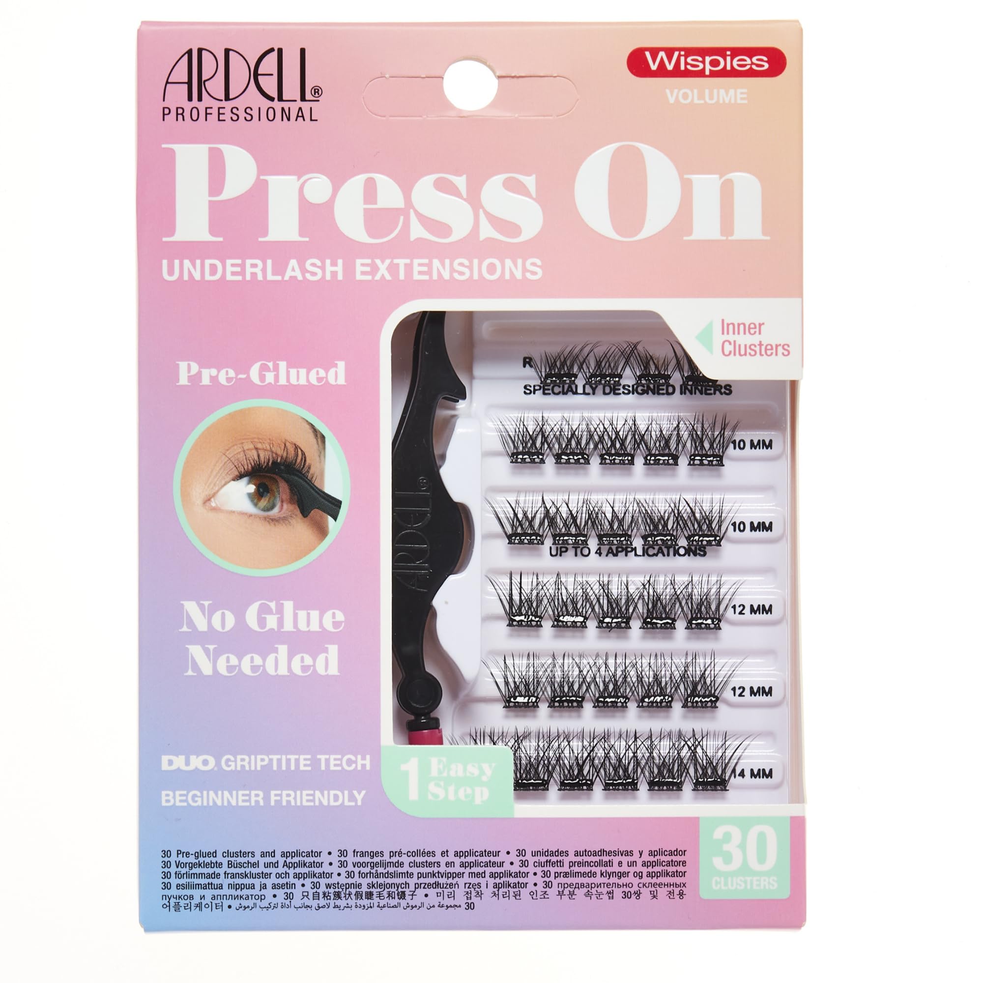 Ardell Press On Pre-Glued Underlash Eyelash Extensions, Wispies Volume Cluster Lashes Kit, Beginner-Friendly DIY Lash Extension Kit with Applicator, Assorted Lengths, 30 Lash Clusters