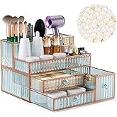 Youdepot Makeup Organizer Countertop - Tempered Glass Vanity Organizer for Cosmetics, Skincare, Hair Tools, Brushes, Perfume - Multipurpose Bathroom Counter Skincare Organizer