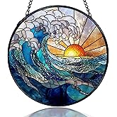 kdqua Coastal Beach Ocean Suncatcher Stained Glass Window Hanging, Ocean Waves Sunshine Sun Catchers Indoor Window Glass Round Wall Decor, Coastal Beach Wall Art Hanging Decorations Statues, 7.9x7.9in