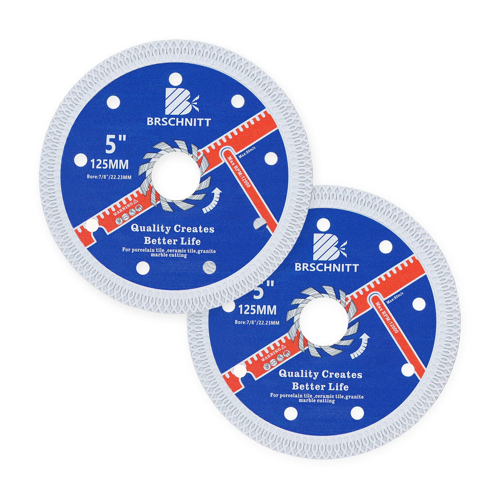 Super Thin Diamond Porcelain Cutting Disc with X Teeth,BRSCHNITT 2pcs 125mm x Arbor 22.23mm Diamond Disc for Dry/Wet Cutting Porcelain Tile Ceramic Marble Granite