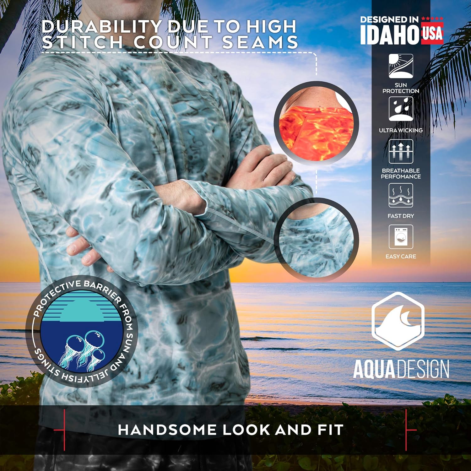 Aqua Design Rash Guard Men: UPF 50+ Long Sleeve Rashguard Swim Shirts for Men: Clothing