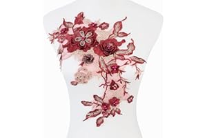Silvora Colorful Flower Fabric Beaded Lace Applique,3D Embroidered Flower Fabric Patch for Bridal Dress, Handmade Sewing Tool for Wedding DIY Crafts(Red-1)