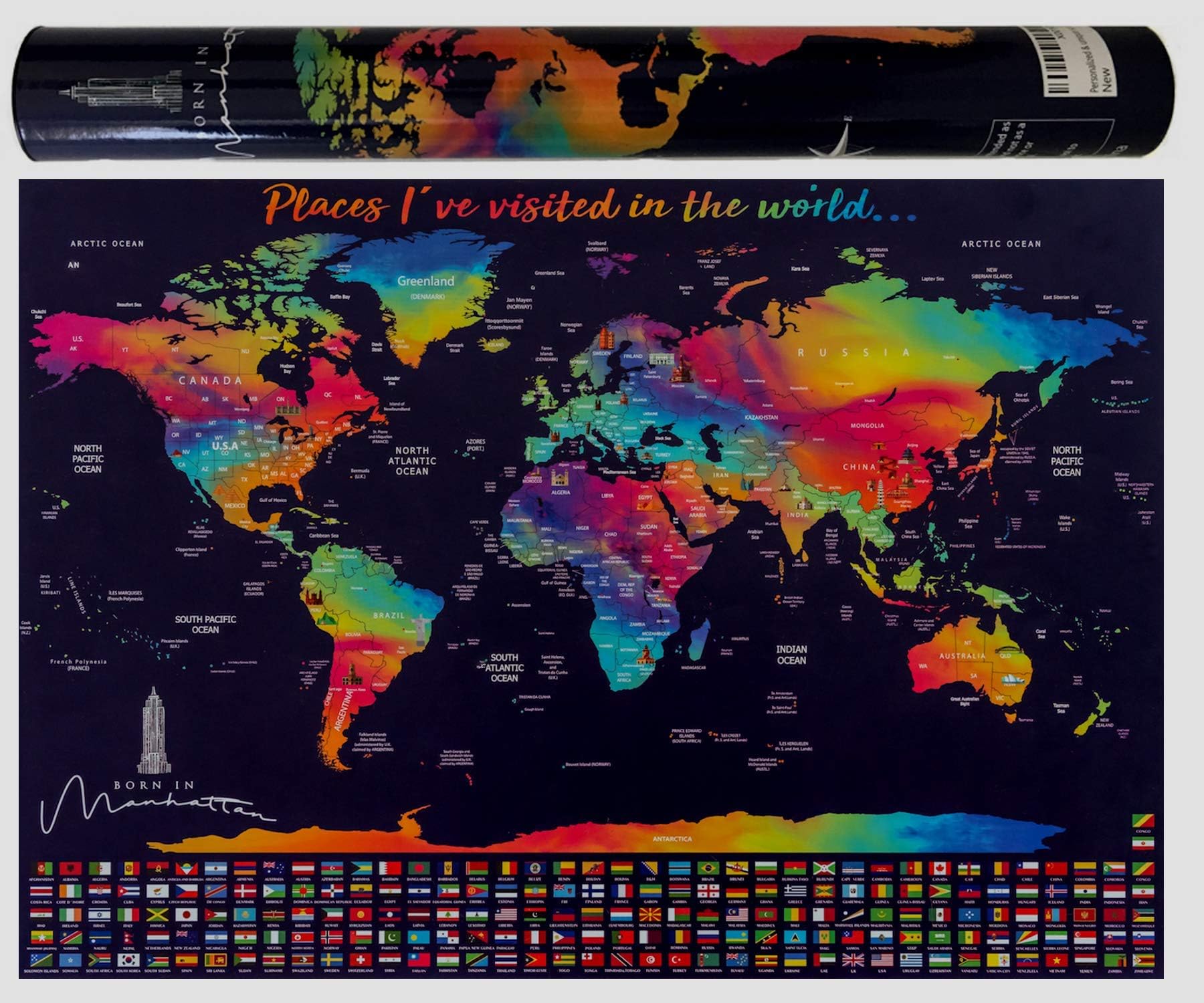 Scratch Off Map of The World - Scratch Map with Scratching Tool and Top Notch Tube Packaging - Unique Design World Map Scratch Off with United States and Canada Highlighted.