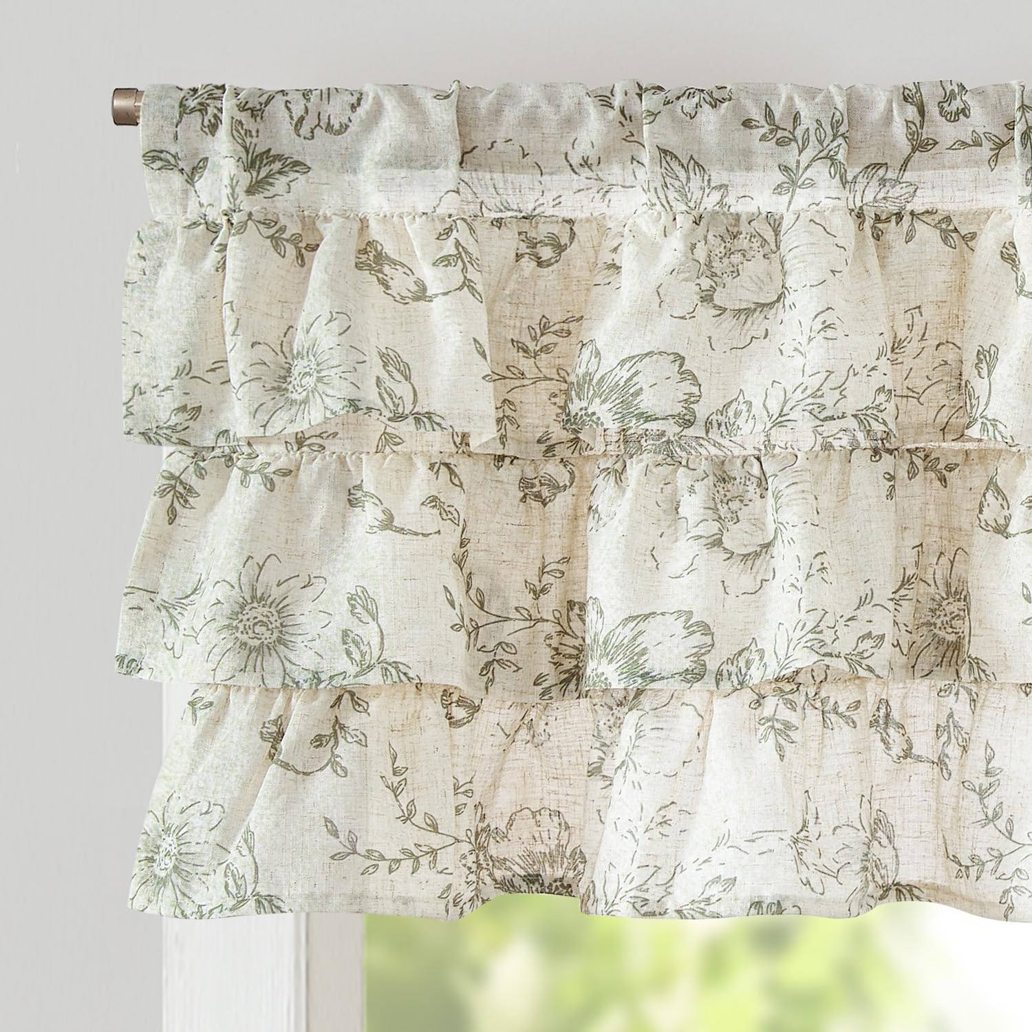 Photo 1 of jinchan Ruffled Floral Valance Linen Shabbychic Small Window Curtain 18 Inch Farmhouse Kitchen Valance for Bedroom Living Room Decor Cottage Rustic Window Treatments 1 Panel Green on Beige