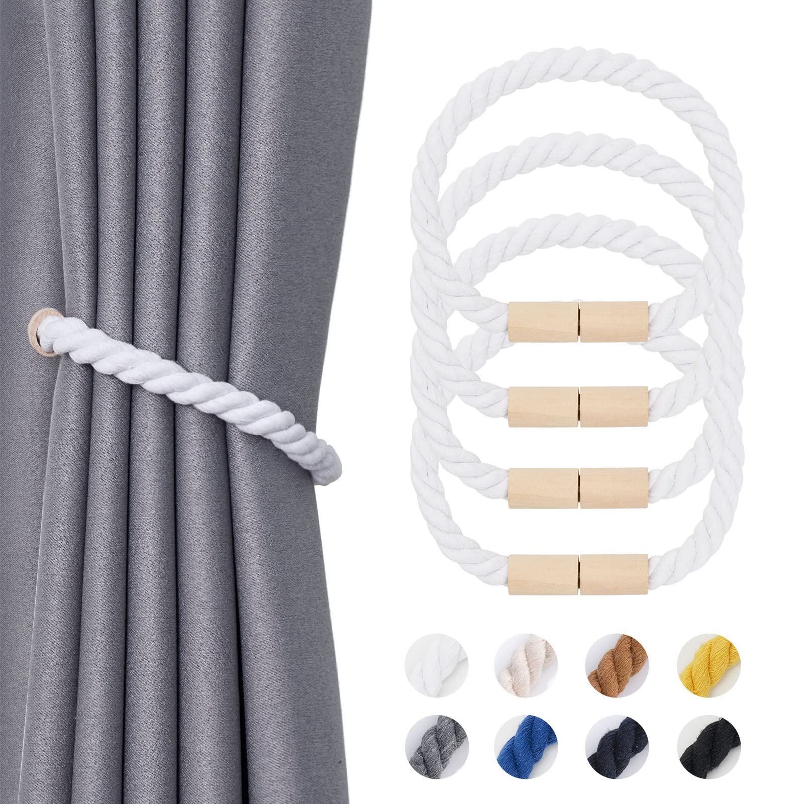 Pretty Jolly 4 Pack Wooden Magnetic Curtain Tiebacks Boho Home Decoration Drape Tie Backs Natural Cotton Handmade Rope Curtain Holdbacks for Thin or Thick Home & Office Window Drapery (White)