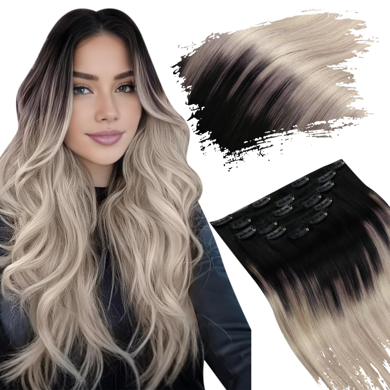 Ugeat Clip in Hair Extensions Real Human Hair Ombre Real Human Hair Extensions Clip ins Natural Black Ombre Platinum Blonde Hair Clip in Extensions 7pcs 105g 14 Inch