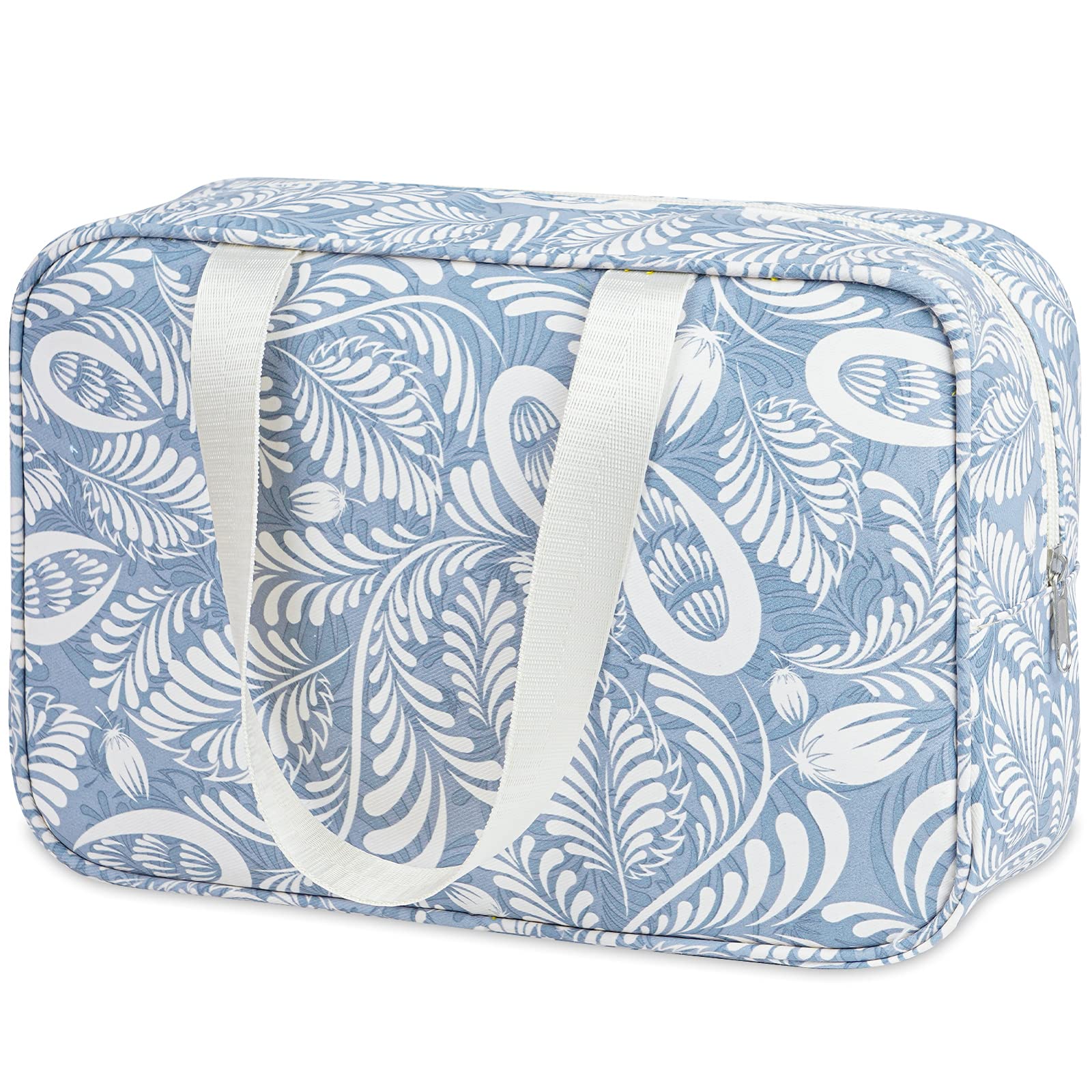 Narwey Toiletry Bag, Large Toiletry Bags for Women, Full Size Wash Bag Women, Large Makeup Bag with Handles, Portable Toiletries Bag for Travel, Make up Cosmetic Organizer for Essentials (Blue Leaf)