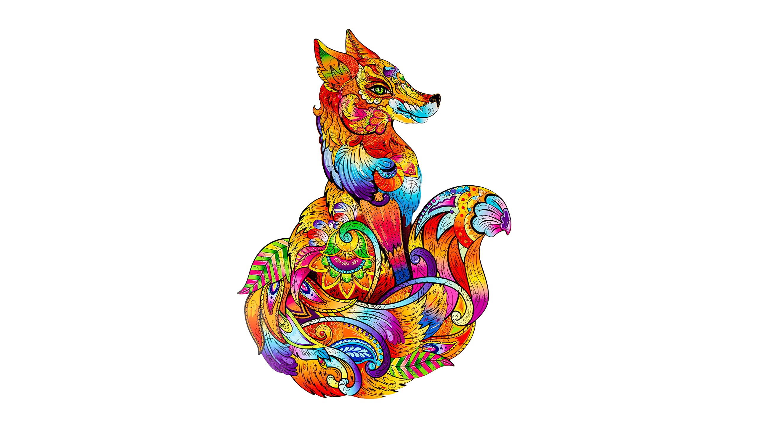 WOODVIO - Wooden jigsaw puzzle for adults and kids - Fox, animal-shaped fantasy puzzle, 165 unique shaped pieces, size King (42 x 38 cm)