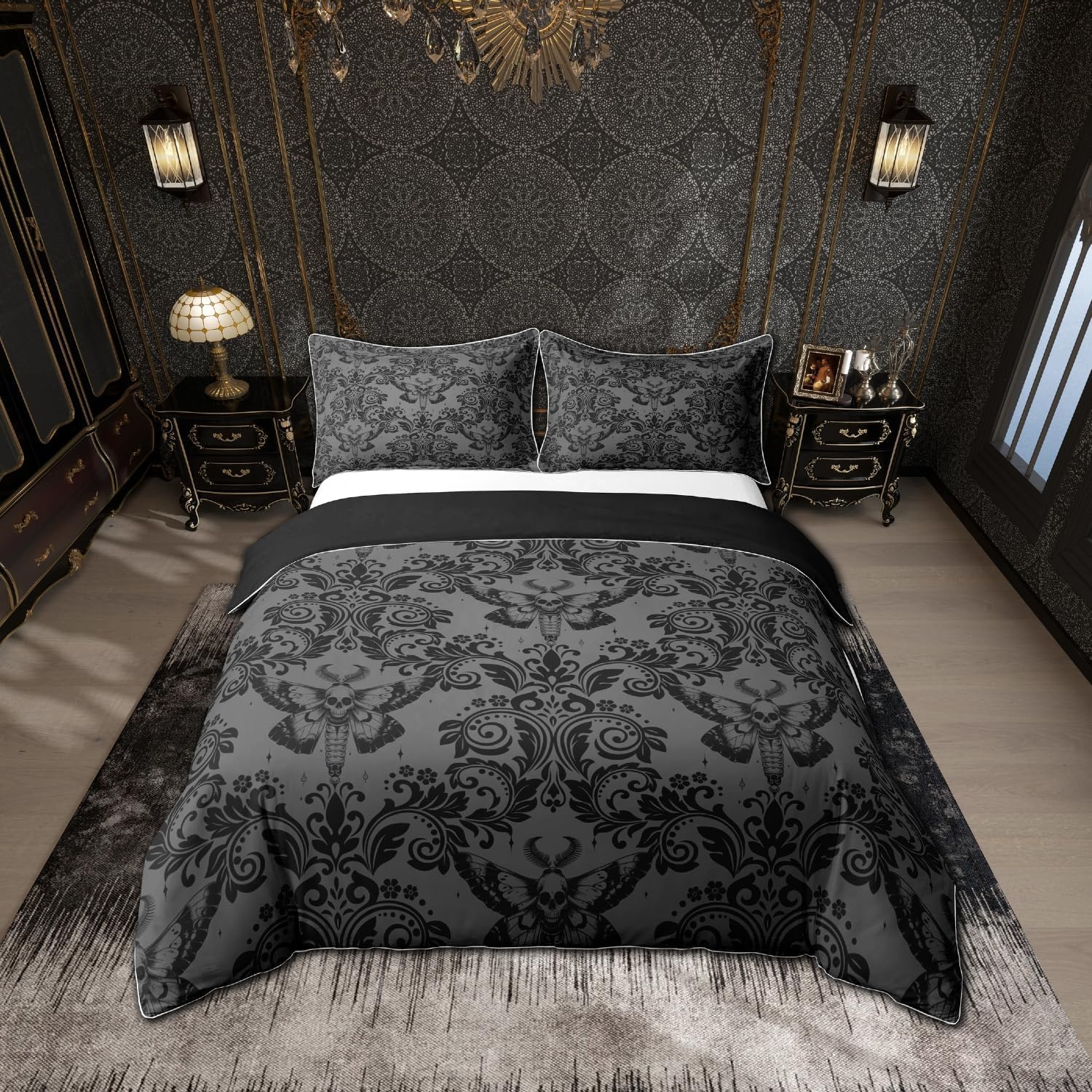Loussiesd Adults Black Vintage Damask Floral Bedding Set Oriental Antique Comforter Cover Set King Size Gothic Bohemia Boho Flower Duvet Cover Gothic Skull Bedspread Cover