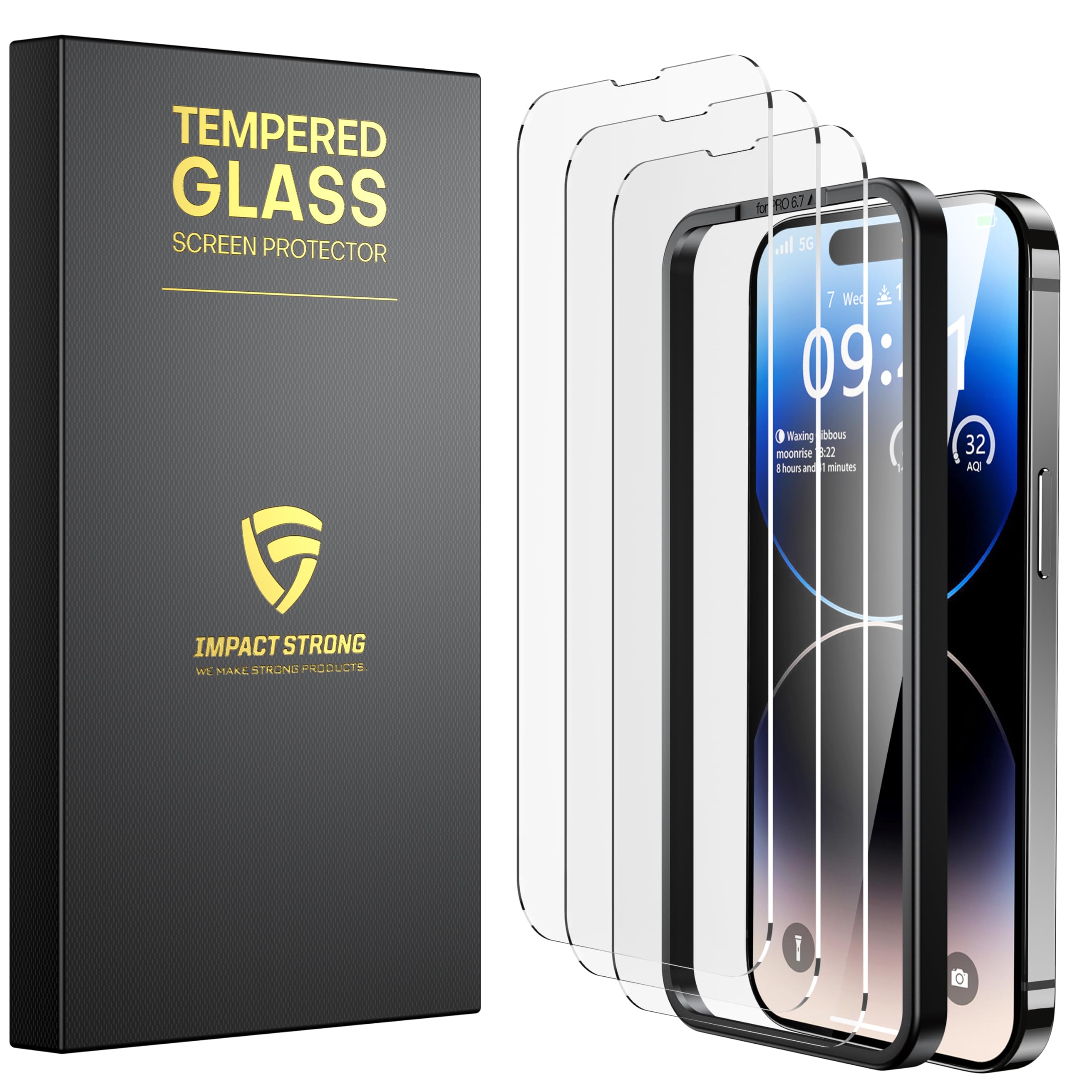 Photo 1 of ImpactStrong Shatterproof Tempered Glass Screen Protector for iPhone 14 Pro [Easy Installation Frame] [Bubble Free] [9H Hardness] [Full Coverage] Case Friendly, 6.1 Inch - (3-Pack)