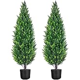 4FT Artificial Cedar Topiary Trees (2 Pack) with Plastic Pots - Realistic Faux Evergreen Shrubs, UV Resistant Fake Cypress Plants for Indoor Outdoor Porch Garden Home Spring Decor