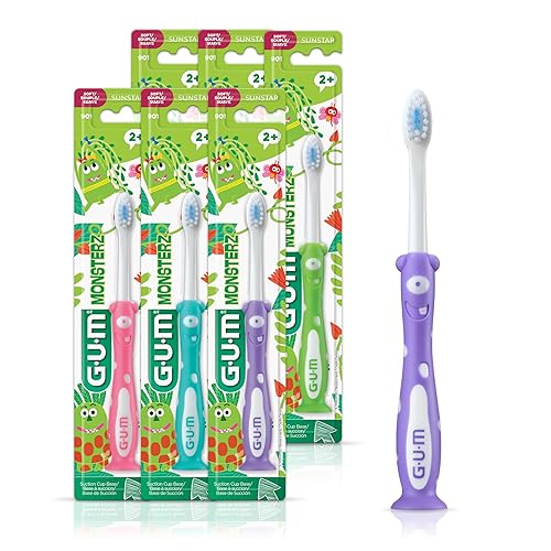 GUM Monsterz Children and Toddler Toothbrush, Soft Bristled Kids’ Toothbrush with Suction Cup, for Ages 2+, 1 Count(Pack of 6)