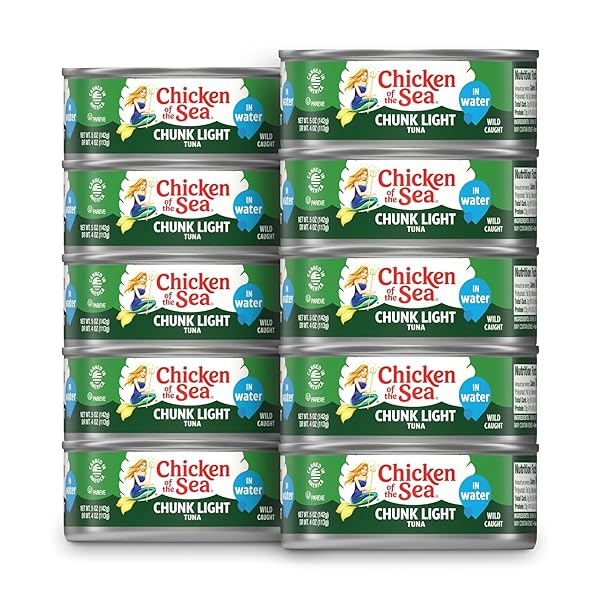 CHICKEN OF THE SEA WILD CAUGHT CHUNK LIGHT TUNA, 5 OUNCE CANS, 10-COUNT – HIGH PROTEIN 100% CLASSIC CHUNK TUNA IN WATER – DELICIOUS, EASY, NUTRITIOUS READY TO EAT MEALS