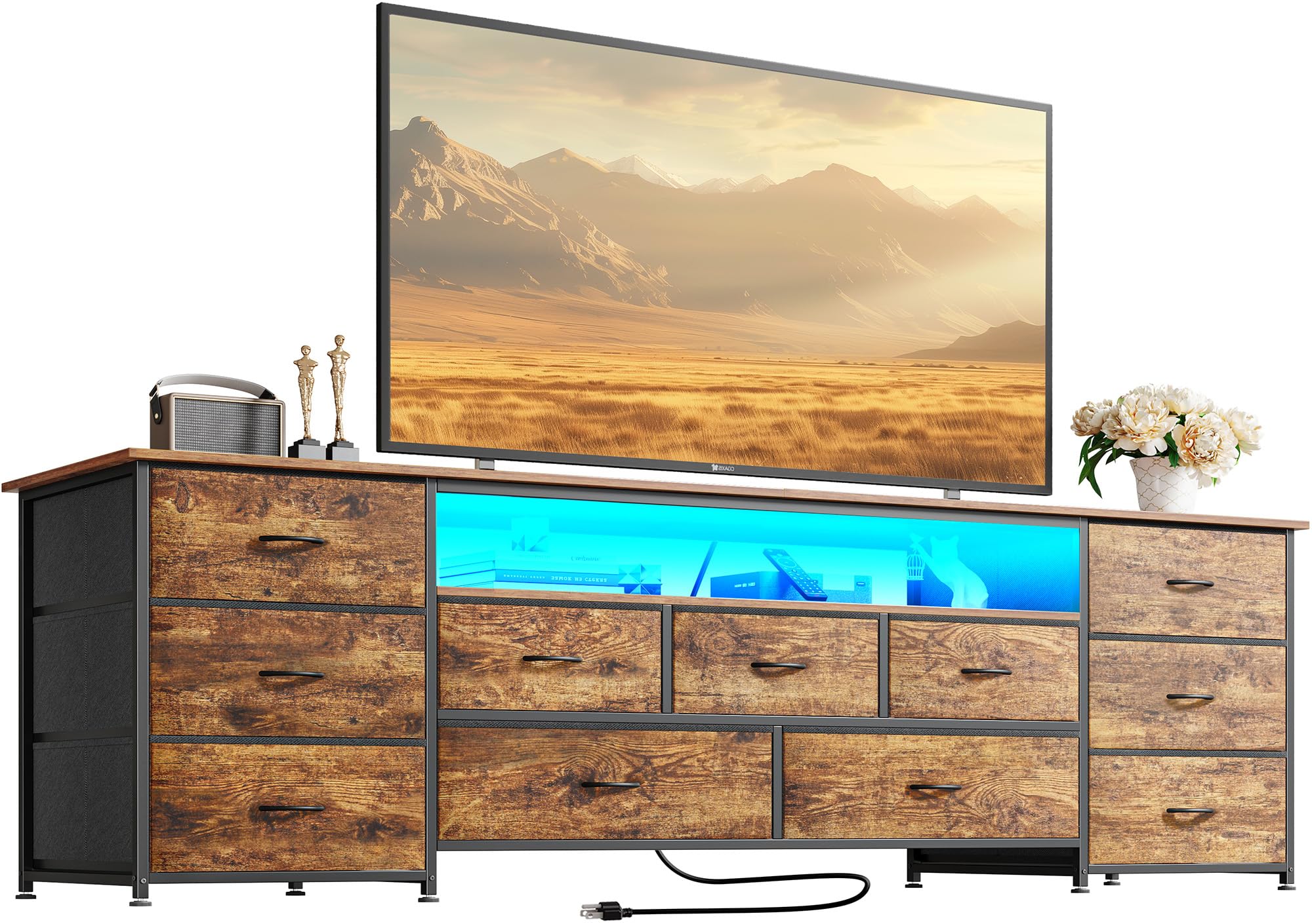 Photo 1 of ****FACTORY SEALED***Huuger 70 Inch TV Stand for 75, 80 Inch TV, 11 Drawer Long Dresser with Power Outlets and LED Lights, Entertainment Center with Storage, Rustic Brown Dresser with Printed Surface