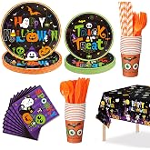 194 Pieces Halloween Party Supplies Tableware Set | Paper Dessert, Plates, Cups, Napkins, Plastic Tablecloth, Disposable Straws, Knives, Forks, Happy Halloween Party Decorations