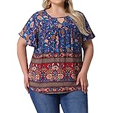 Agnes Orinda Plus Size Women's Keyhole Ruffle Short Sleeve Tops Boho Floral Summer t Shirt Tops Blouse Vacation 2025