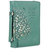 Christian Art Gifts Fashion Vegan Leather Bible Cover for Women: Be Still & Know Inspirational Bible Verse, Teal Floral, Large