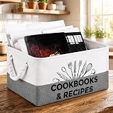 Marsui 1 Pcs Cookbook &amp; Recipe Book Basket Cook Lover Gifts, White Gray | Linen Fabric Basket with Cotton Handles, Holds 10-15 Cookbooks for Recipes, Pantry, Countertop, Shelf, Closet, Kitchen