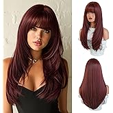 PARK YUN 27IN Auburn Maroon Layered Straight Wig with Bangs for Women Glueless Reddish Red Wigs Synthetic High-temperature Fiber Natural Looking Wig Ready to Go Daily Use Cosplay Party