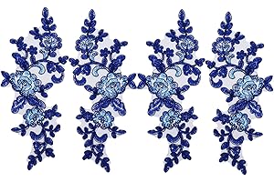 Micro Traders 2 Pairs Embroidery Sequin Lace Appliques Mirror Pair Sew On Flower Fabric Collar Patch for Motif Wedding Gown Dress Bridal Dress DIY Crafts Royal Blue, 23.5x10cm