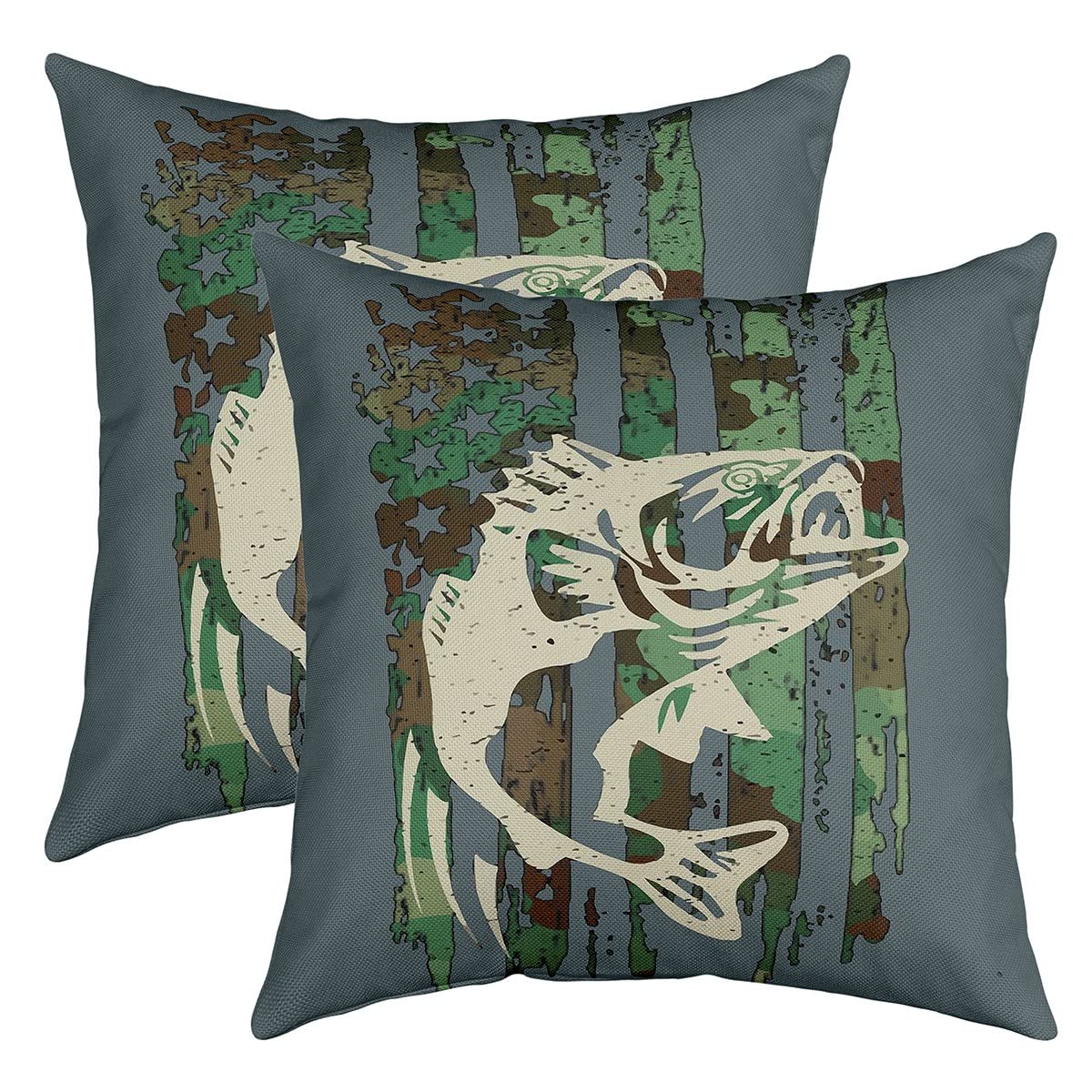 Loussiesd Set of 2 Pike Fish Throw Pillow Covers Bass Big Fish Cushion Case for Home Living Room Decor Reversible Fishing and Hunting Camouflage Blue Green Decorative Throw Cushion Case 18x18 Inch