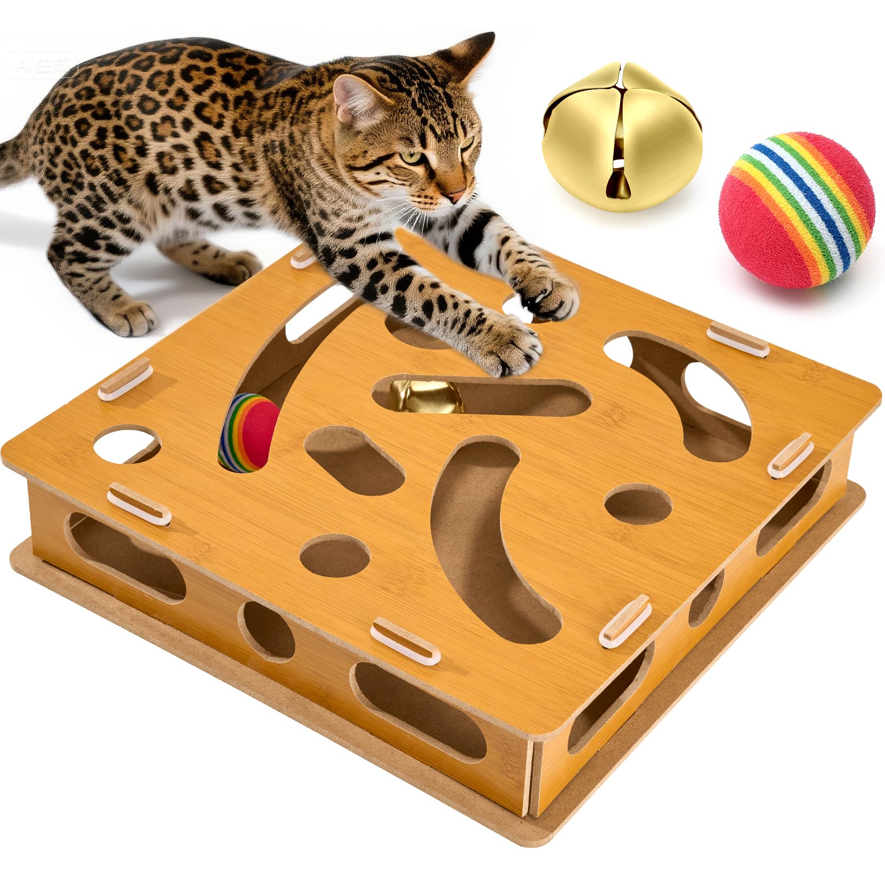 Photo 1 of Interactive Wooden Cat Puzzle Toy with Ball and Bell?Indoor Hunting Play Toy to Stimulate Your Cat’s Energy and Instincts,Cat Toy Box for Indoor Cats and Kittens