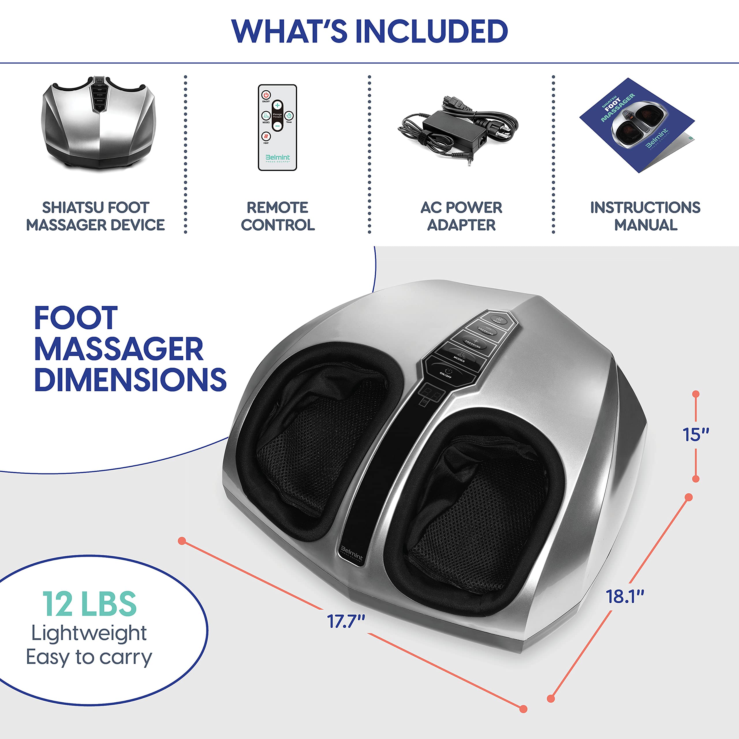 Belmint Shiatsu Foot Massager Machine - Electric Deep-Kneading Foot and Heel Pain Relief Massage with Switchable Heat, Air Compression for Plantar Fasciitis and Neuropathy with Non-Slip Rubber Feet