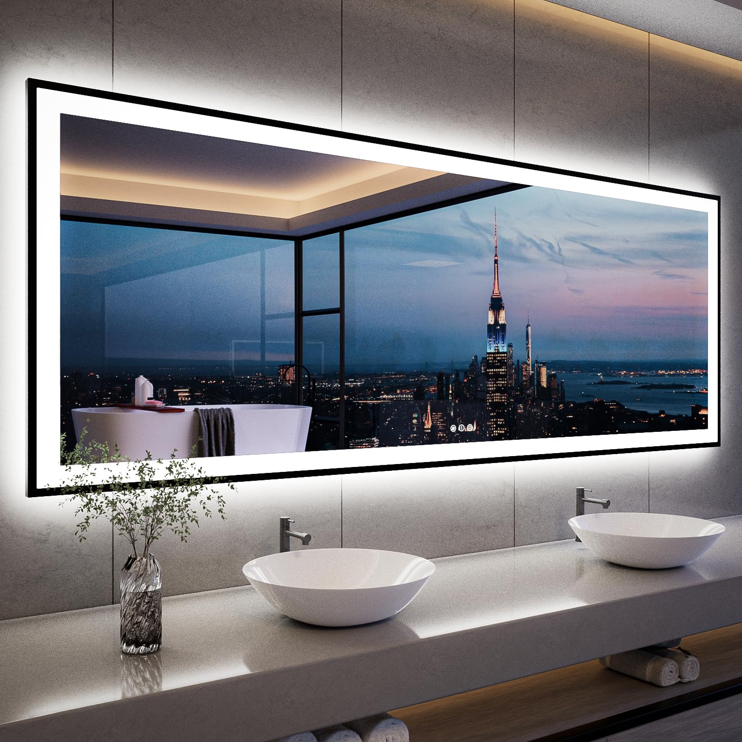 Photo 1 of ISKM Framed LED Mirror for Bathroom 96"x36", Dimmable LED Bathroom Mirror with Lights, Anti-Fog, Front and Backlit Lighted Mirror 3-Colors, Shatterproof, Memory Function