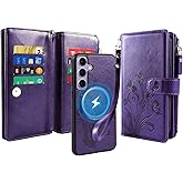 Lacass for Samsung Galaxy S24+ Plus Case Wallet,Compatible with MagSafe 2 in 1 Magnetic Detachable PU Leather RFID Blocking Wallet Cover Card Holder Zipper Wrist Strap Lanyard,Floral Purple